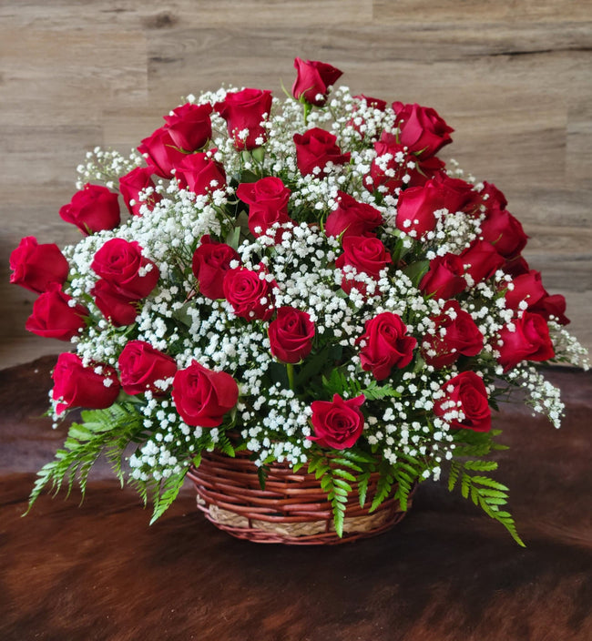 39 Red Roses with Babys Breath in a Basket